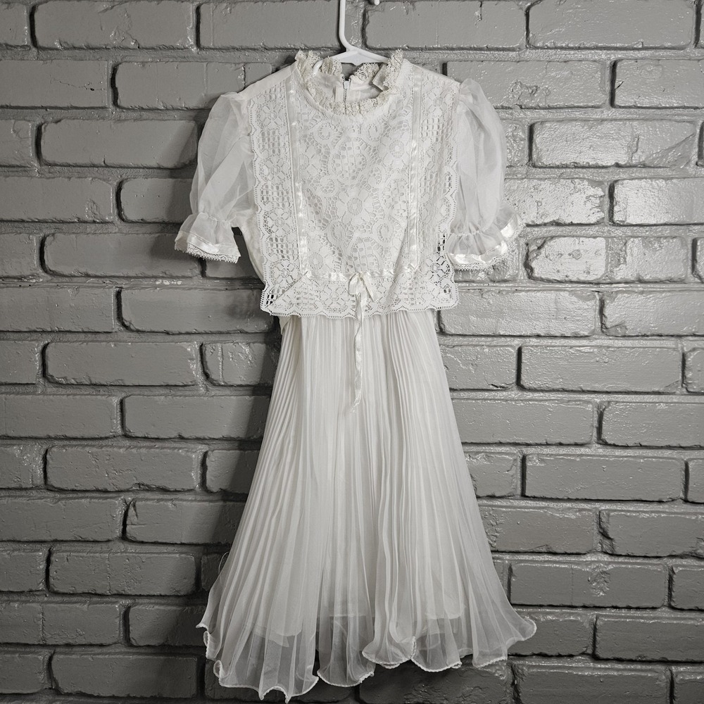 Vintage Girls Dress 8 White Lace First Communion Flower‎ Girl Easter 60s 70s